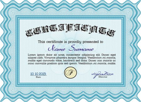 Diploma template. Border, frame. Excellent design. With background. Light blue color.