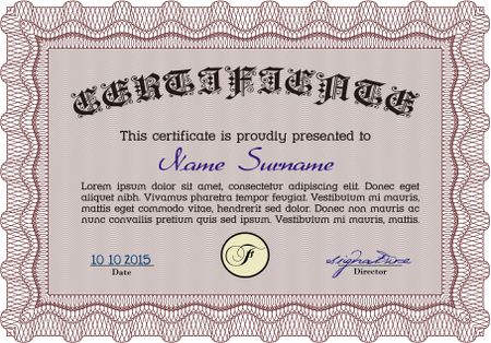 Certificate template. Printer friendly. Nice design. Detailed. Red color.