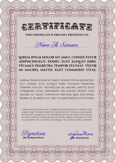 Sample certificate or diploma. Retro design. Vector certificate template. With complex linear background. Red color.