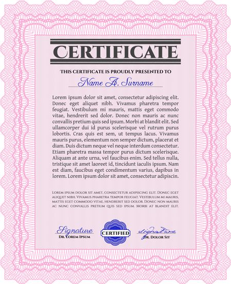 Pink Certificate template. Detailed. Printer friendly. Nice design. 