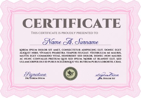 Certificate of achievement. Vector certificate template. Retro design. With complex linear background. Pink color.