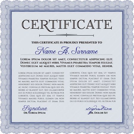 Classic Certificate or Diploma template. Money Pattern design. Blue color.