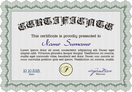 Green Sample certificate or diploma. With complex linear background. Retro design. Vector certificate template. 