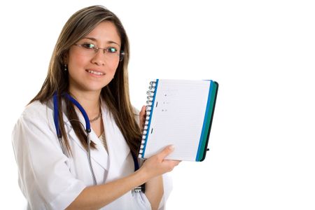 female doctor with a notebook over a white background