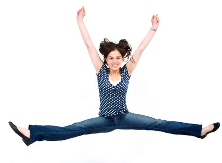 girl jumping of joy over a white background