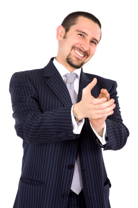 business man applauding and smiling over a white background