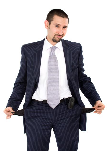 bankrupt business man with hands out of pockets over a white background
