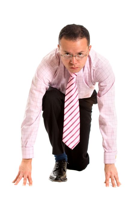 business man ready to race over a white background