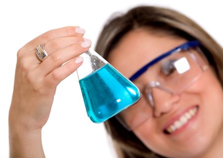 female chemist with a blue test tube bottle over a white background