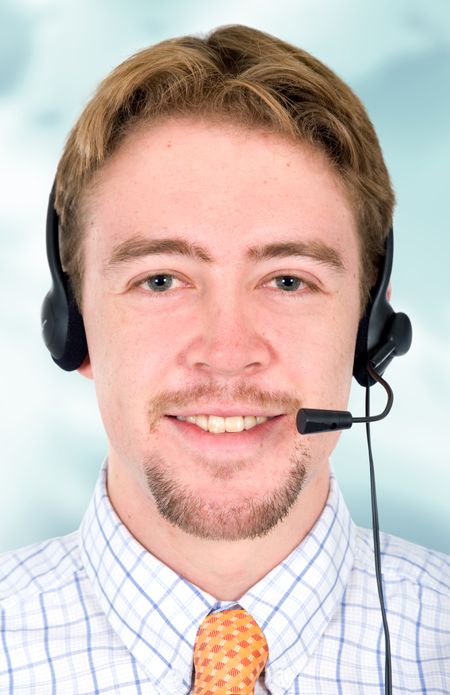 male customer service representative smiling in an office environment