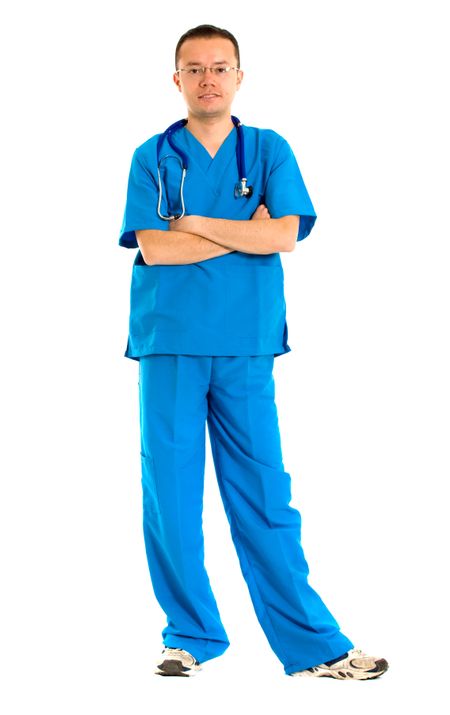 male nurse in a blue uniform over a white background