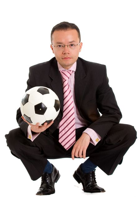 business man and a football over a white background