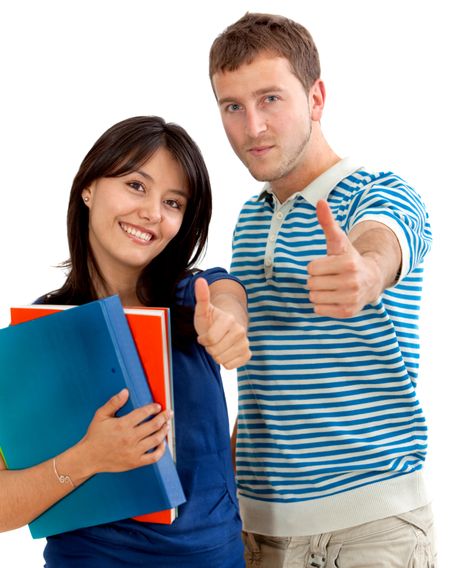 Students with thumbs-up isolated over white