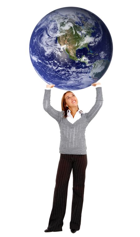 business woman carrying the world isolated over white