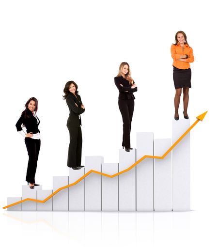 Group of busines women standing on a chart isolated