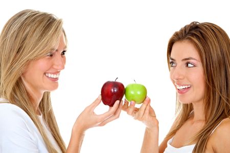 Smiley women with apples isolated over white