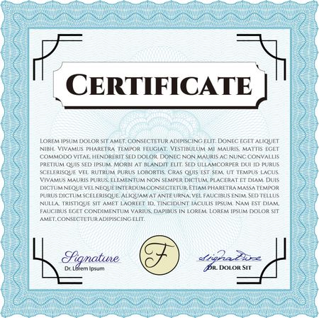 Classic Certificate template. Award. Money Pattern. With great quality guilloche pattern. Light blue color.