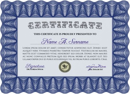 Certificate diplmoa or award template. With guilloche pattern. Design template. Money style design. Blue color.