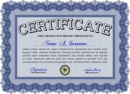 Diploma template. Border, frame. Excellent design. With background. Blue color.