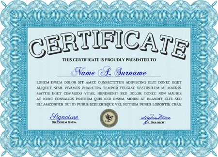 Certificate diploma or award template. With guilloche pattern. Design template. Money style design. Light blue color.