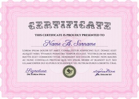 Certificatem diplmoa or award template. With guilloche pattern. Design template. Money style design. Pink color.