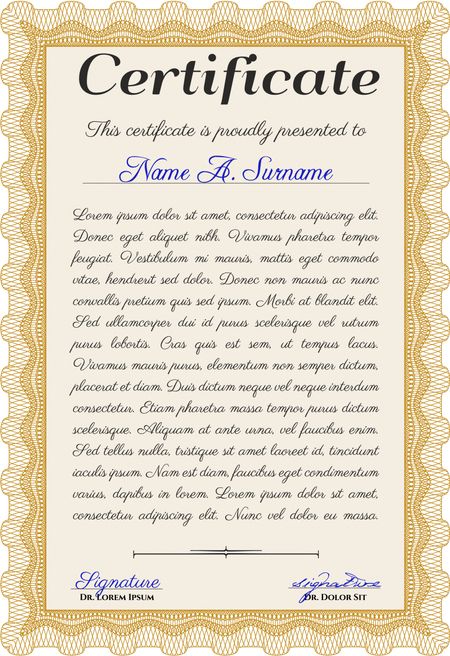 Sample Diploma. Elegant design. Frame certificate template Vector. With linear background. Orange color.
