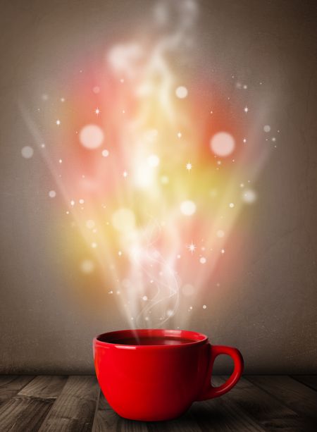 Coffee mug with abstract steam and colorful lights, close up