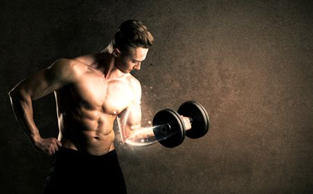 Bodybuilder lifting weight with energetic white lines concept on backround