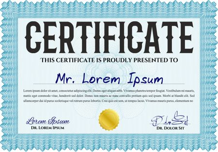 Light blue Certificate template. Easy to print. Customizable, Easy to edit and change colors. Nice design. 