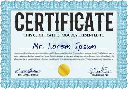 Light blue Certificate template. Easy to print. Customizable, Easy to edit and change colors. Nice design.