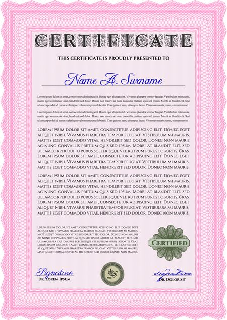Pink Certificate. Printer friendly. Complex design. Detailed. 