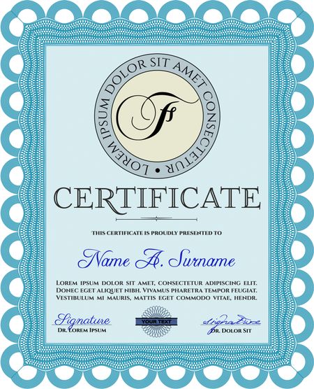 Light blue Certificate of achievement. With complex linear background. Vector certificate template. Retro design. 