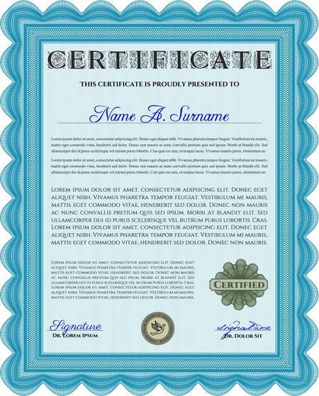 Light blue Awesome Certificate template. Money Pattern. Award. With great quality guilloche pattern. 