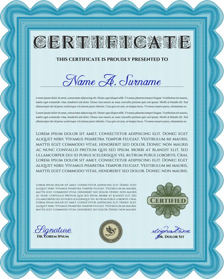 Light blue Awesome Certificate template. Money Pattern. Award. With great quality guilloche pattern.