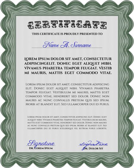 Sample Diploma. With linear background. Frame certificate template Vector. Elegant design. Green color.