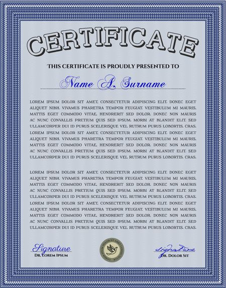 Blue Certificate of achievement template. Money design. With guilloche pattern and background. Diploma of completion. 