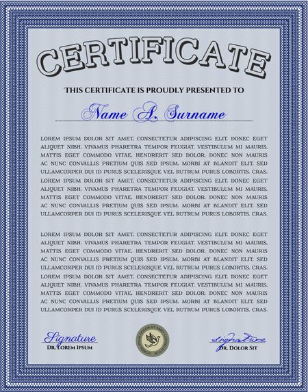 Blue Certificate of achievement template. Money design. With guilloche pattern and background. Diploma of completion.