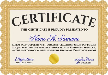 Orange Certificate of achievement template. Money design. With guilloche pattern and background. Diploma of completion. 