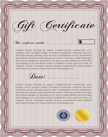 Formal Gift Certificate template. Vector illustration. Elegant design. With guilloche pattern. 