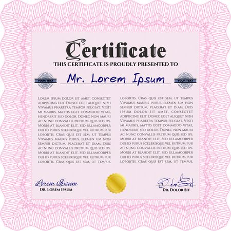 Diploma template. With complex background. Lovely design. Vector illustration. Pink color.