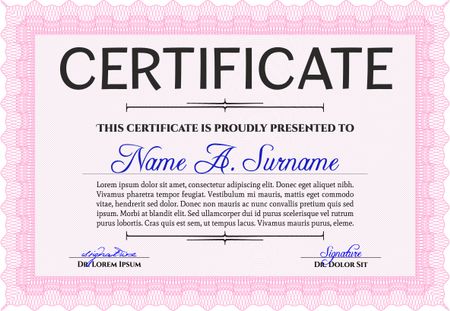 Awesome Certificate template. Award. Money Pattern. With great quality guilloche pattern. Pink color.