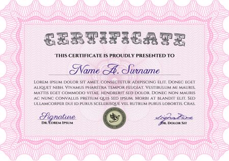 Classic Certificate or Diploma template. Money Pattern design. Pink color.