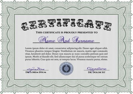 Green Sample certificate or diploma. With complex linear background. Elegant design. Vector certificate template. 