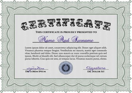 Green Sample certificate or diploma. With complex linear background. Elegant design. Vector certificate template.