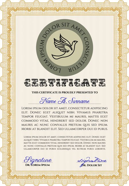 Orange Certificate of achievement. Sophisticated design. Diploma of completion. With guilloche pattern and background. 