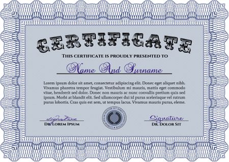 Certificatem diplmoa or award template. With guilloche pattern. Money design. Design template. Blue color.