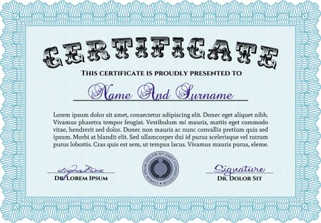 Light blue Certificate or diploma template. Cordial design. Easy to print. Customizable, Easy to edit and change colors. 