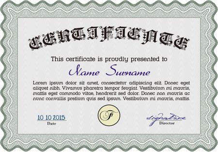Sample Certificate. Frame certificate template Vector. With linear background. Modern design. Green color.