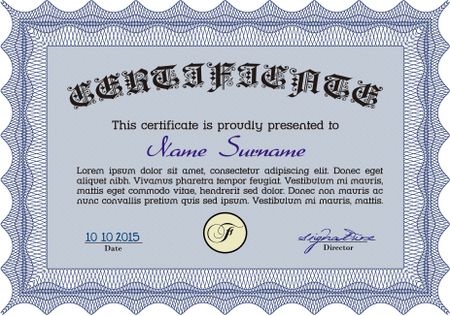 Blue Classic Certificate template. With great quality guilloche pattern. Money Pattern. Award. 