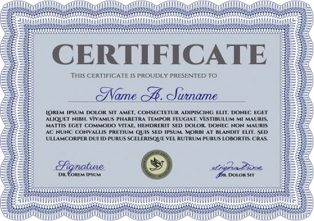 Sample Certificate. Frame certificate template Vector. With linear background. Modern design. Blue color.